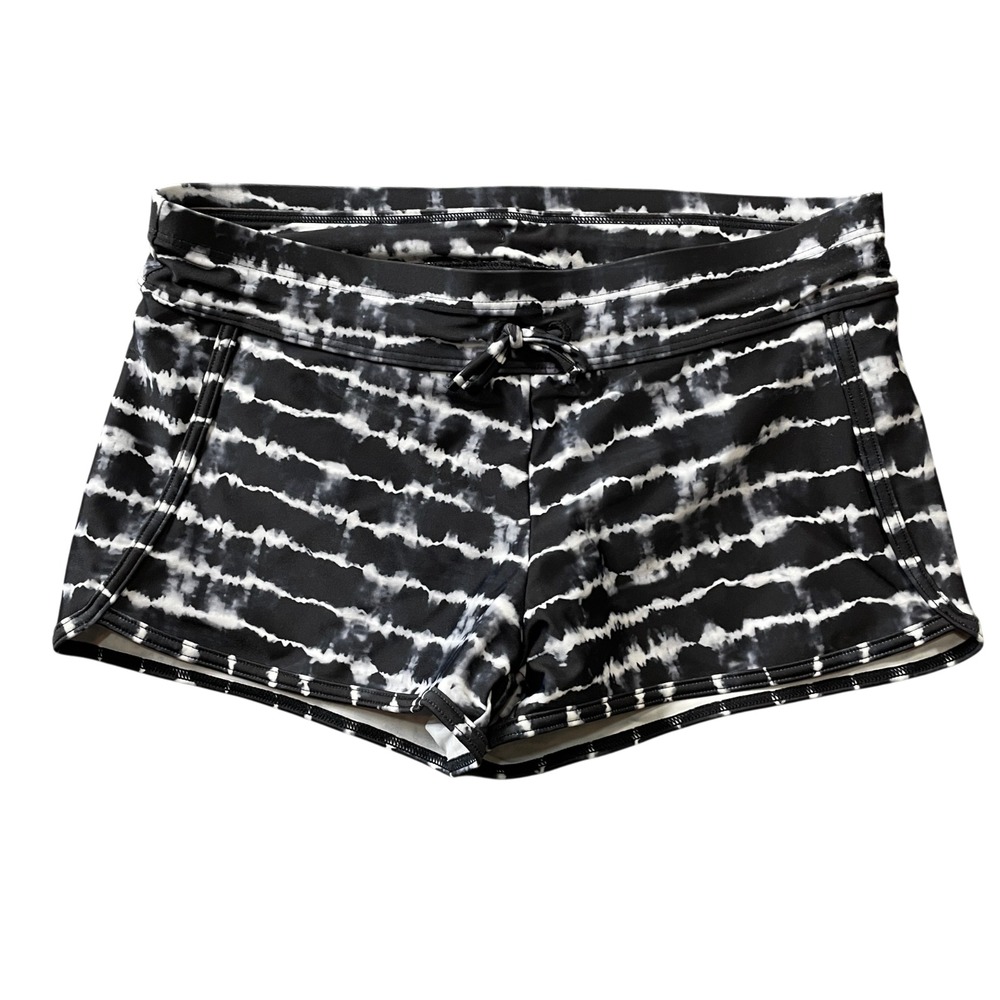 Athleta Girl XL 14 Black White Tie Dye Stripe Athletic Shorts Elastic Waist
